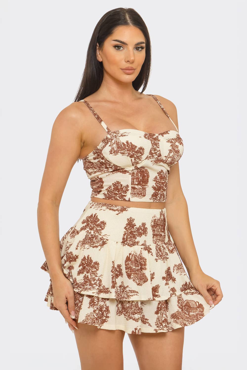 Toile Print Front Corset Style Top And Skirt Set