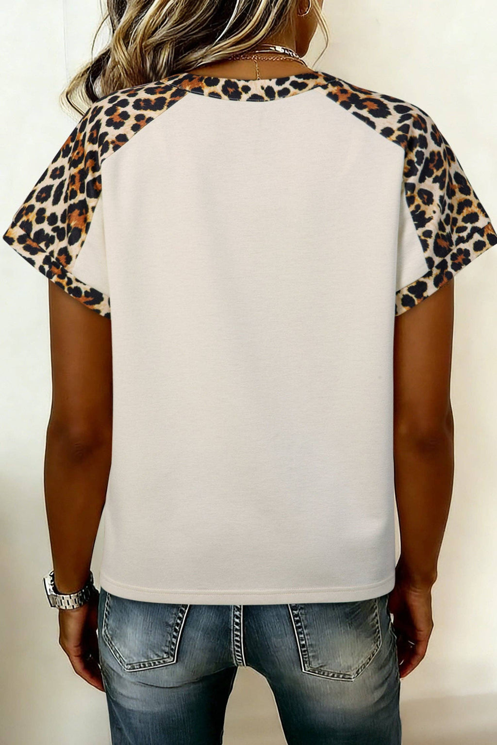 PRETTY BASH Leopard Patchwork Half Buttoned Short Sleeve Top