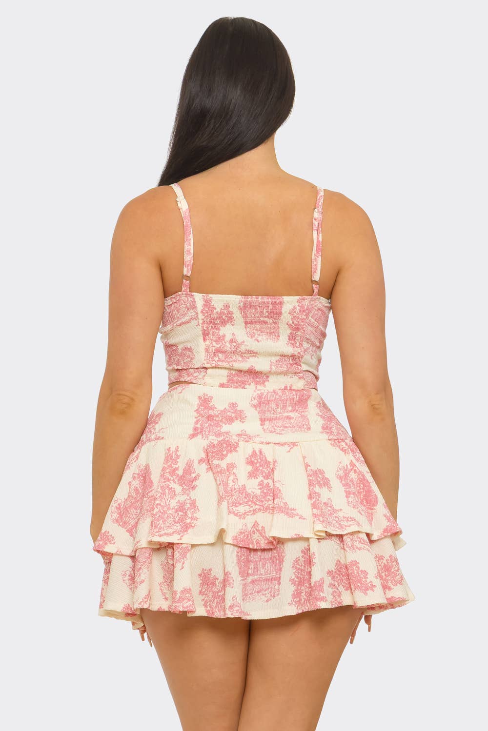 Toile Print Front Corset Style Top And Skirt Set