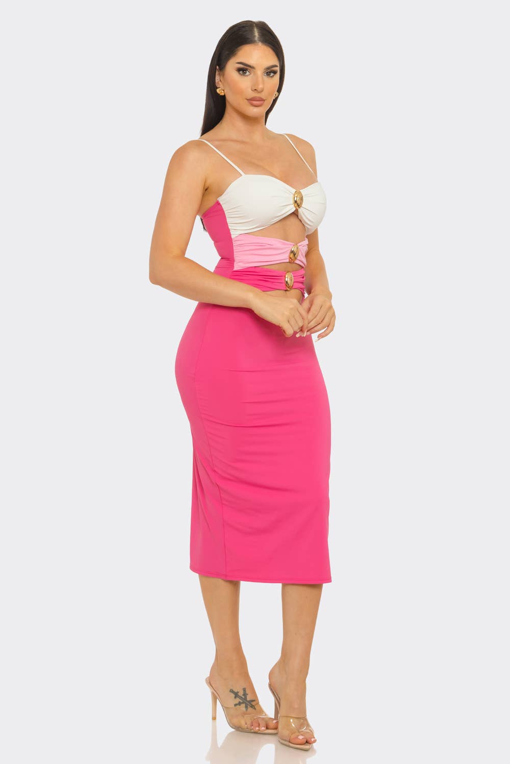 Color Block Shirring Jewel Trim Cut Out Midi Dress