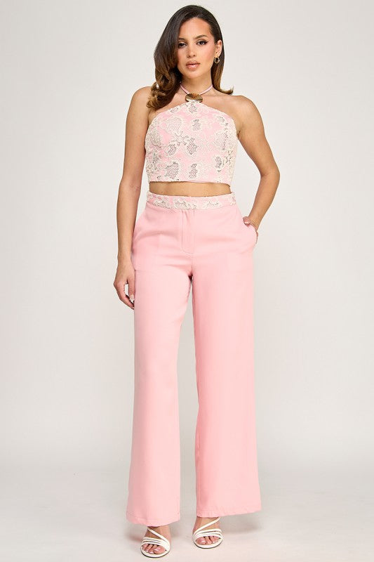 Halter Neck Crochet Top and Pants Set