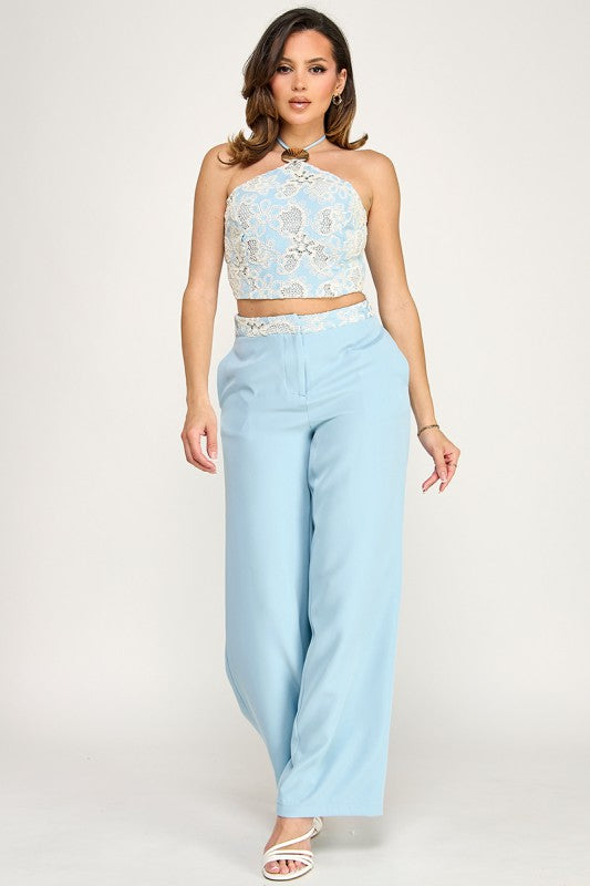 Halter Neck Crochet Top and Pants Set