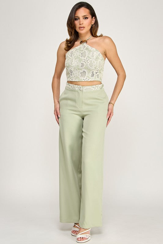 Halter Neck Crochet Top and Pants Set