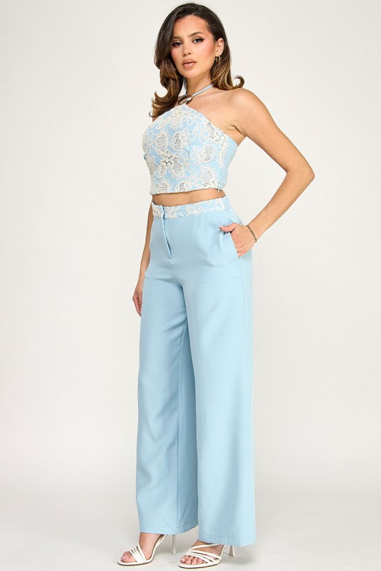 Halter Neck Crochet Top and Pants Set