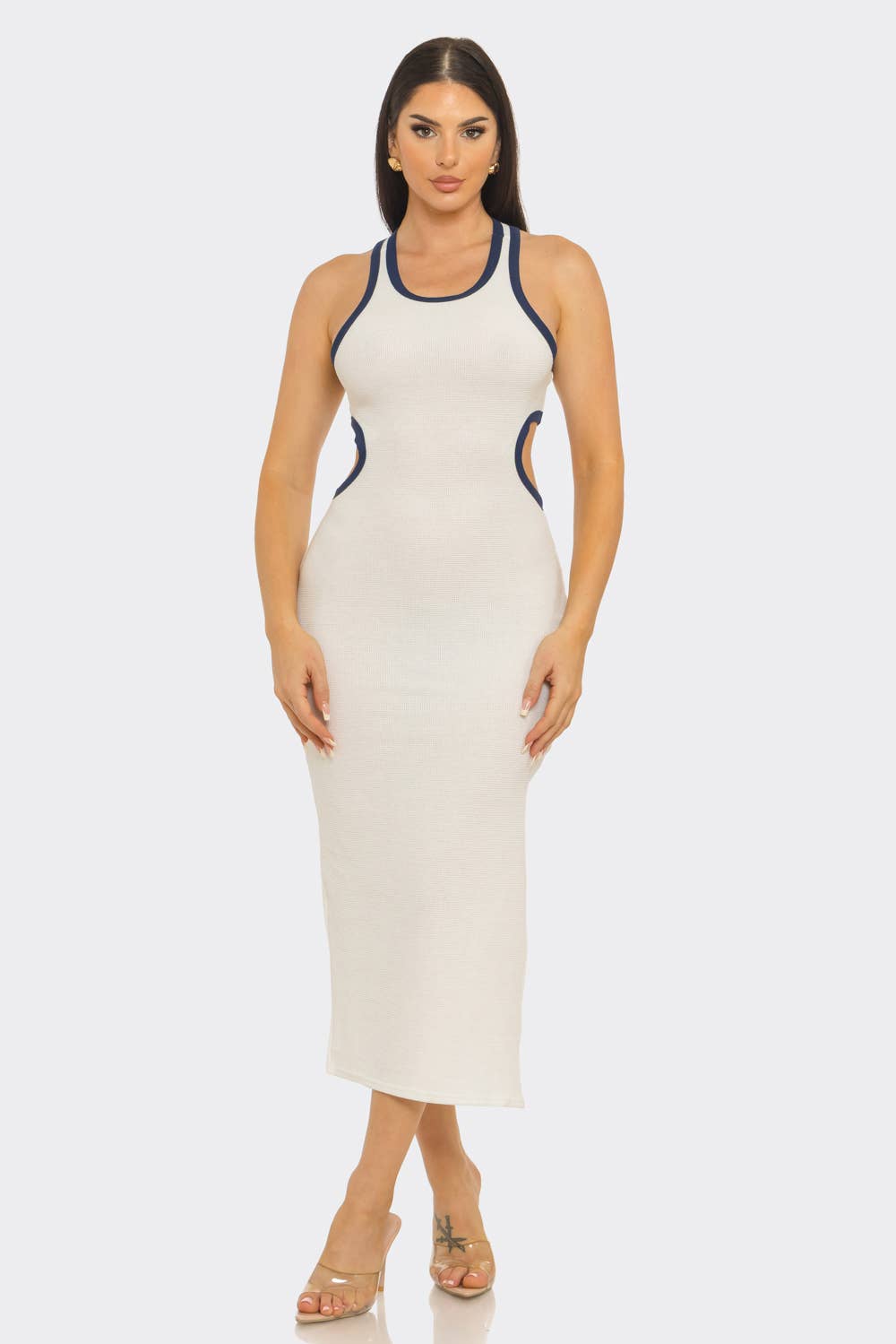 Round Neck Open Back Detail Side Slit Maxi Dress
