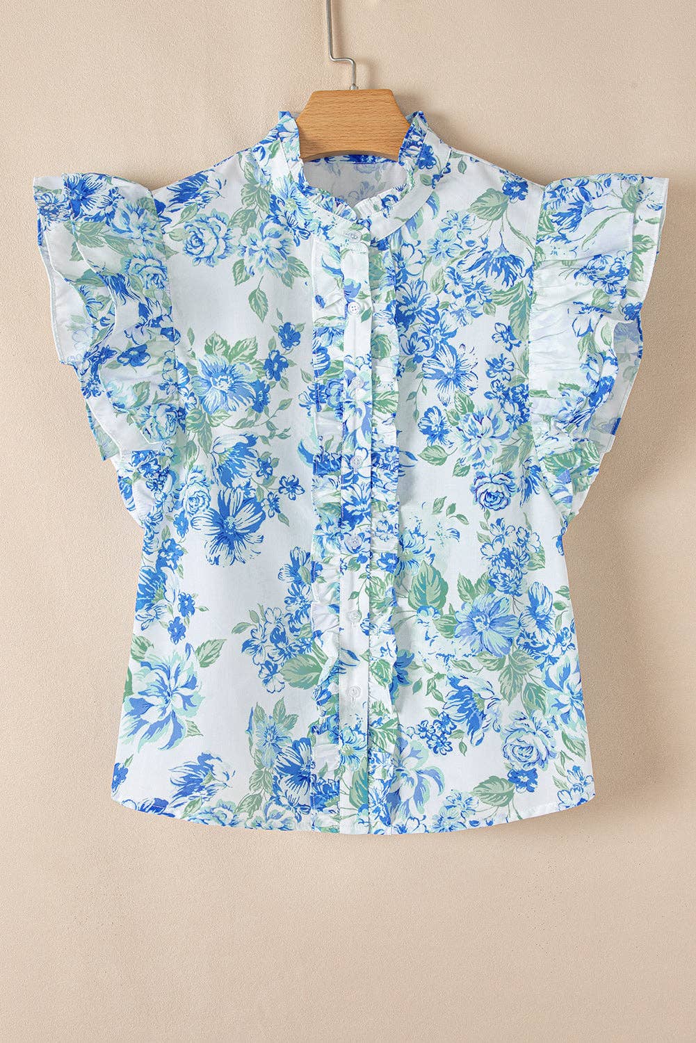 PRETTY BASH Floral Ruffle Sleeve Frilled Button-Up Shirt