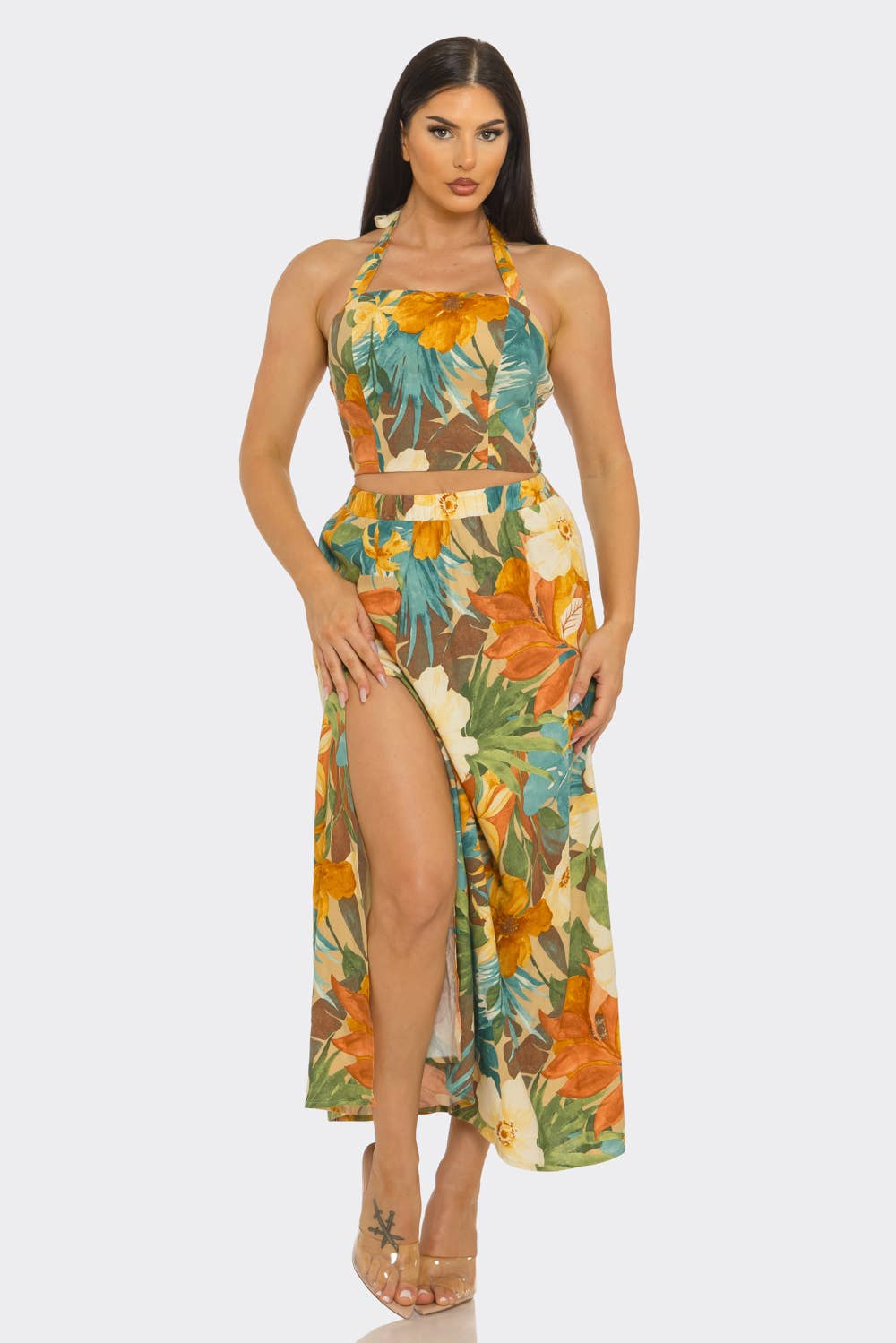 Linen Floral Print Halter Neck Smocked Crop Top Skirt Set