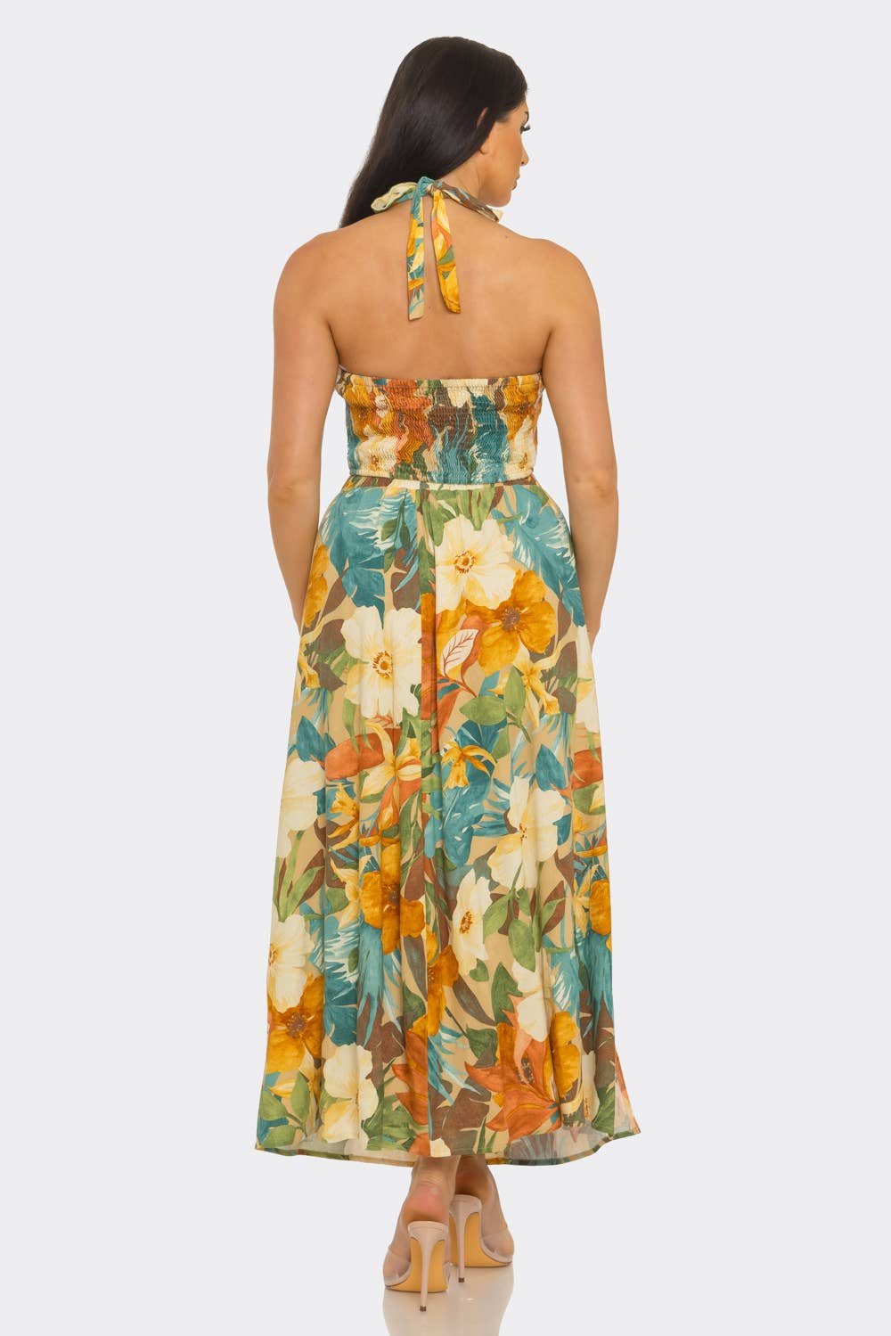 Linen Floral Print Halter Neck Smocked Crop Top Skirt Set