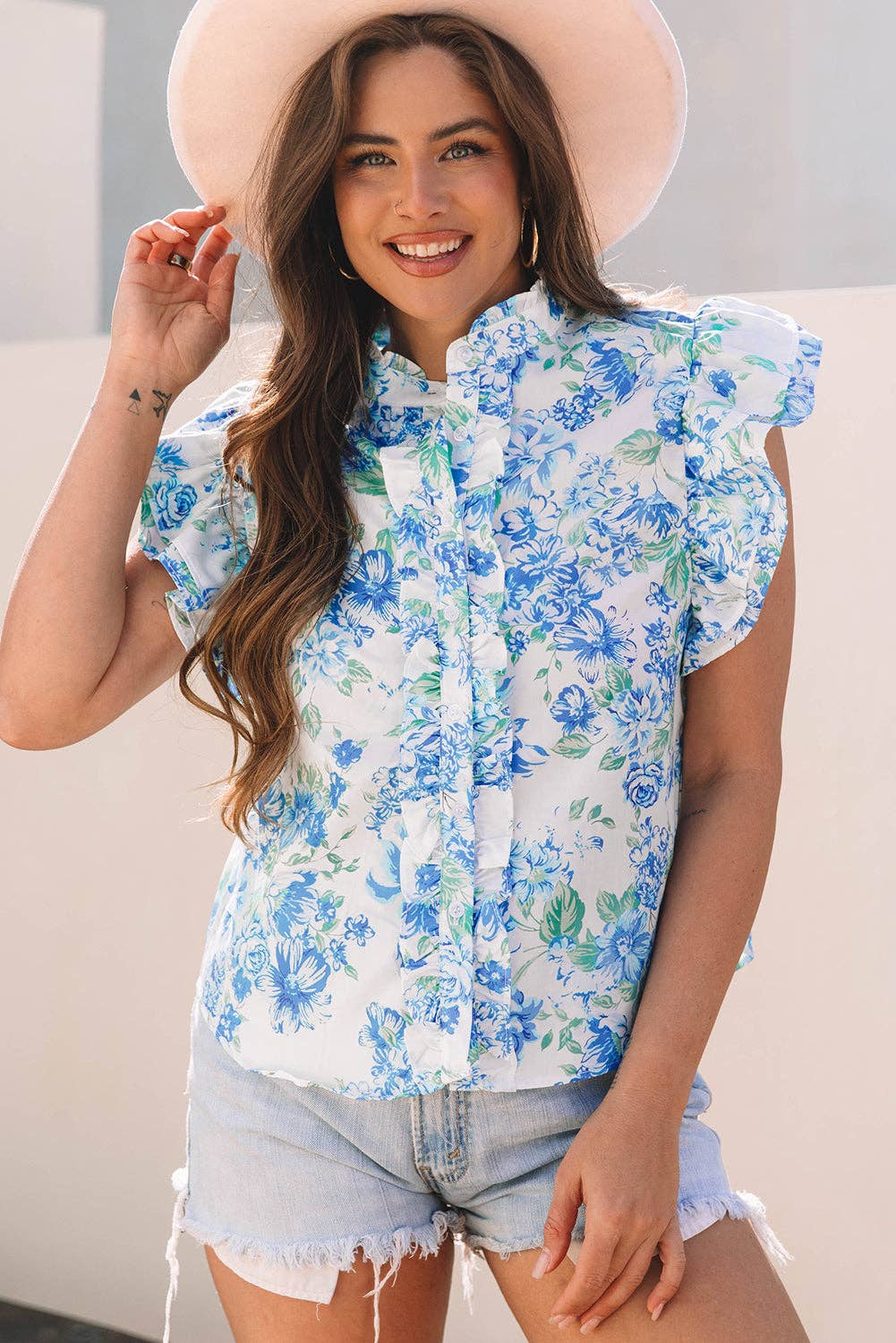 PRETTY BASH Floral Ruffle Sleeve Frilled Button-Up Shirt
