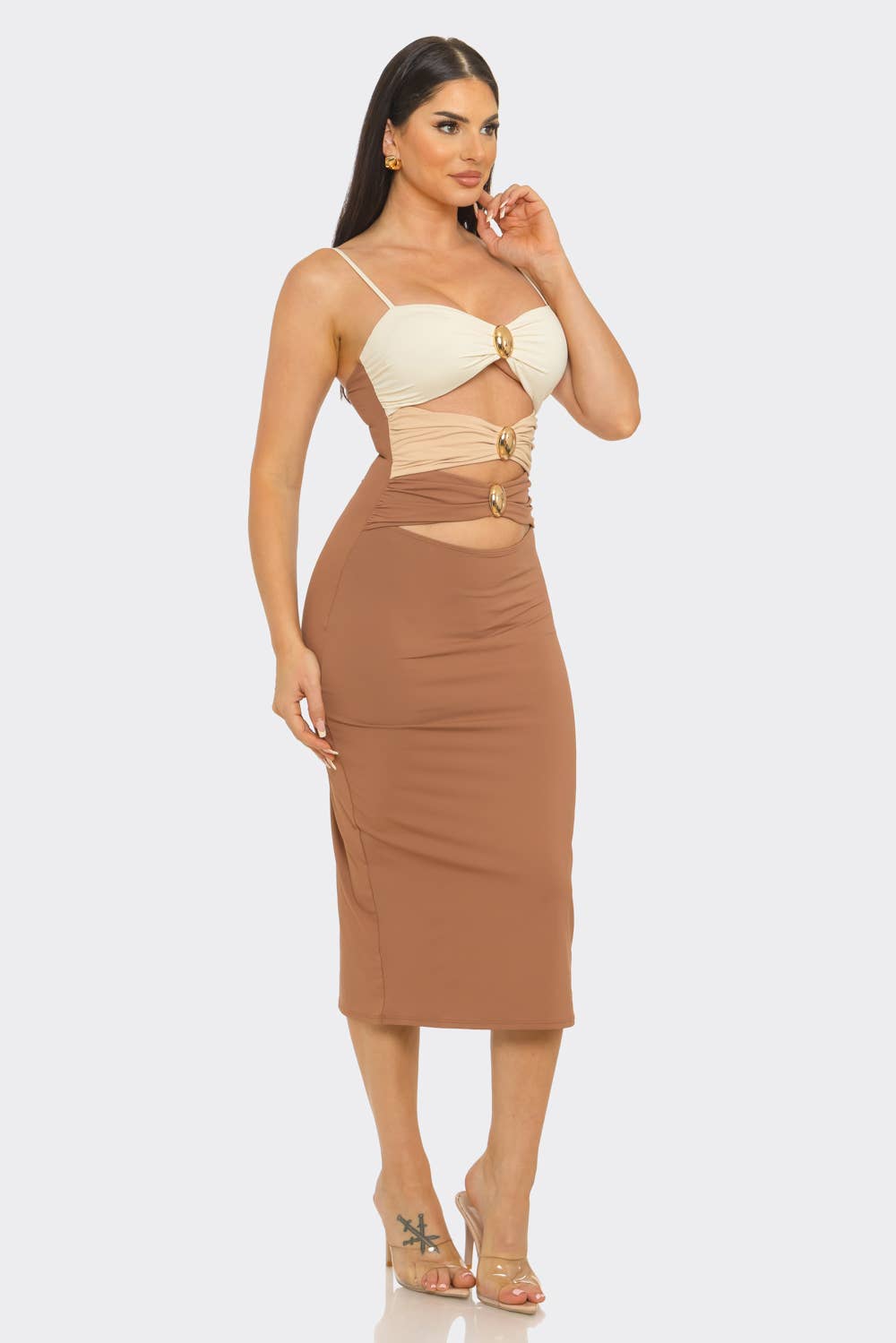 Color Block Shirring Jewel Trim Cut Out Midi Dress