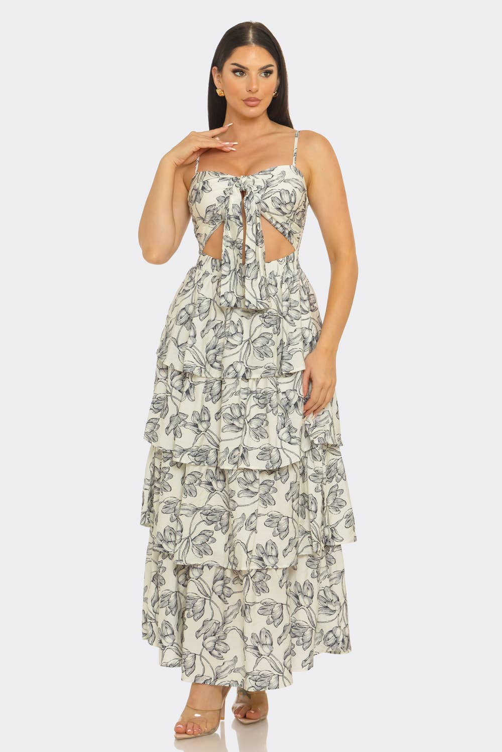 Floral Print Front Knot Tie Maxi Dress