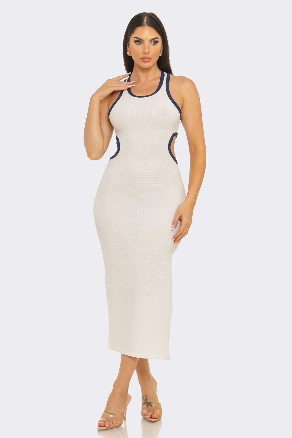 Round Neck Open Back Detail Side Slit Maxi Dress