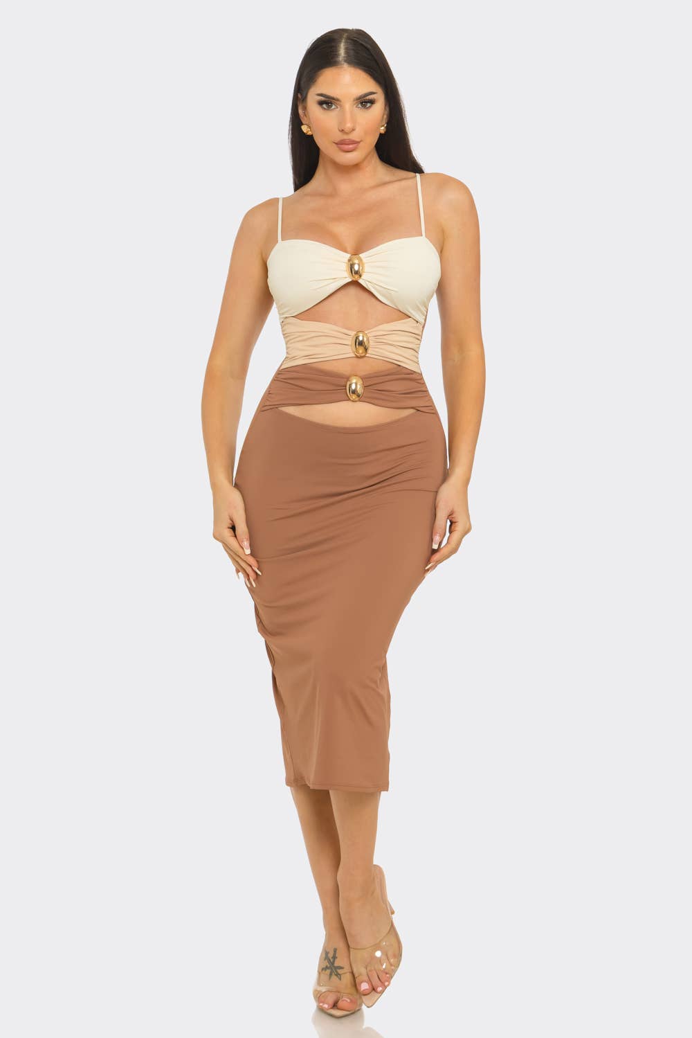 Color Block Shirring Jewel Trim Cut Out Midi Dress
