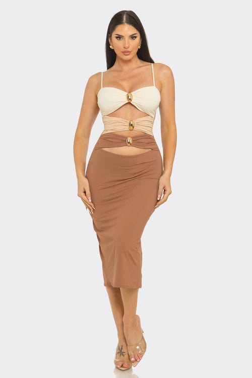 Color Block Shirring Jewel Trim Cut Out Midi Dress