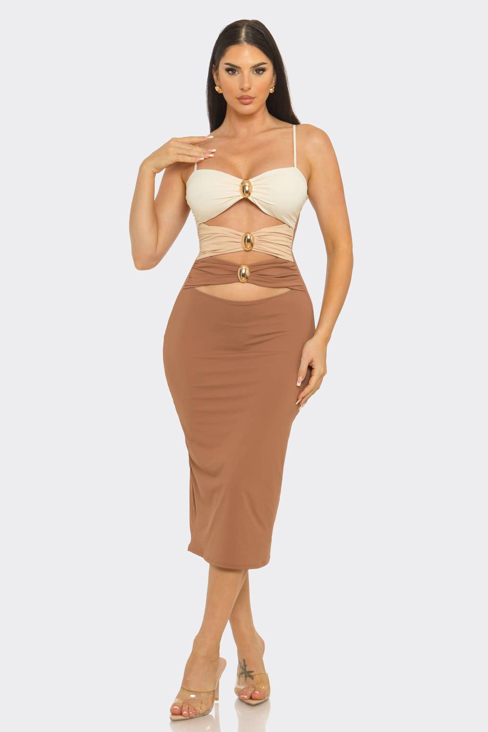 Color Block Shirring Jewel Trim Cut Out Midi Dress