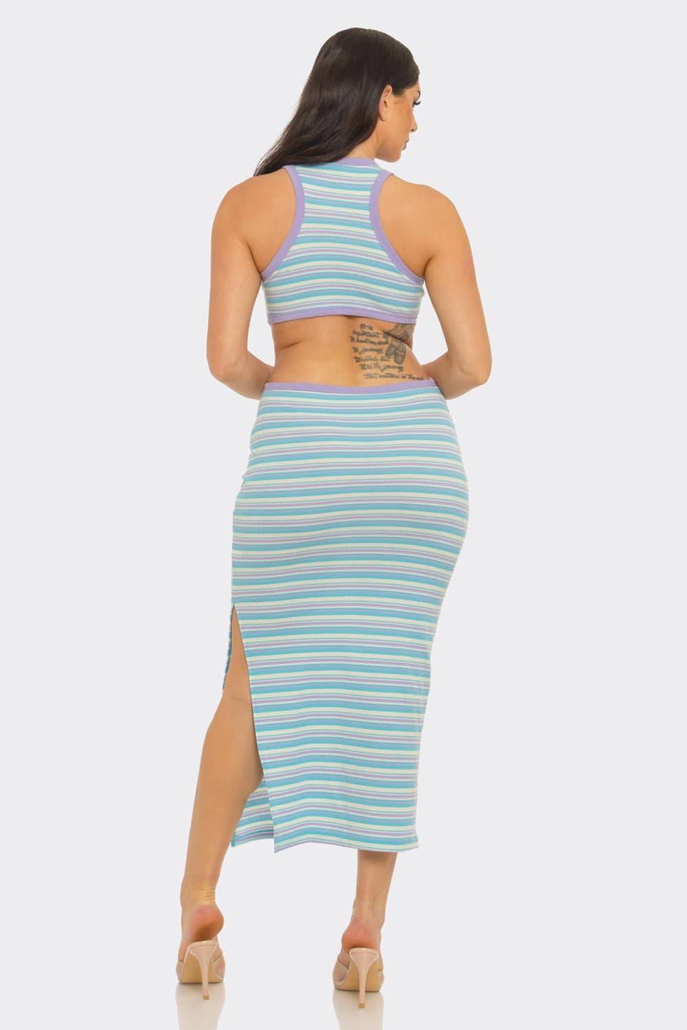 Stripe Open Back Cut Out Side Slit Detail Maxi Dress