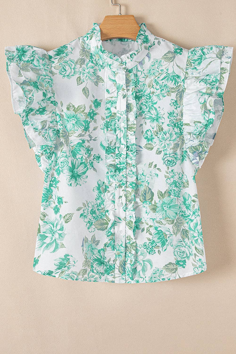 PRETTY BASH Floral Ruffle Sleeve Frilled Button-Up Shirt