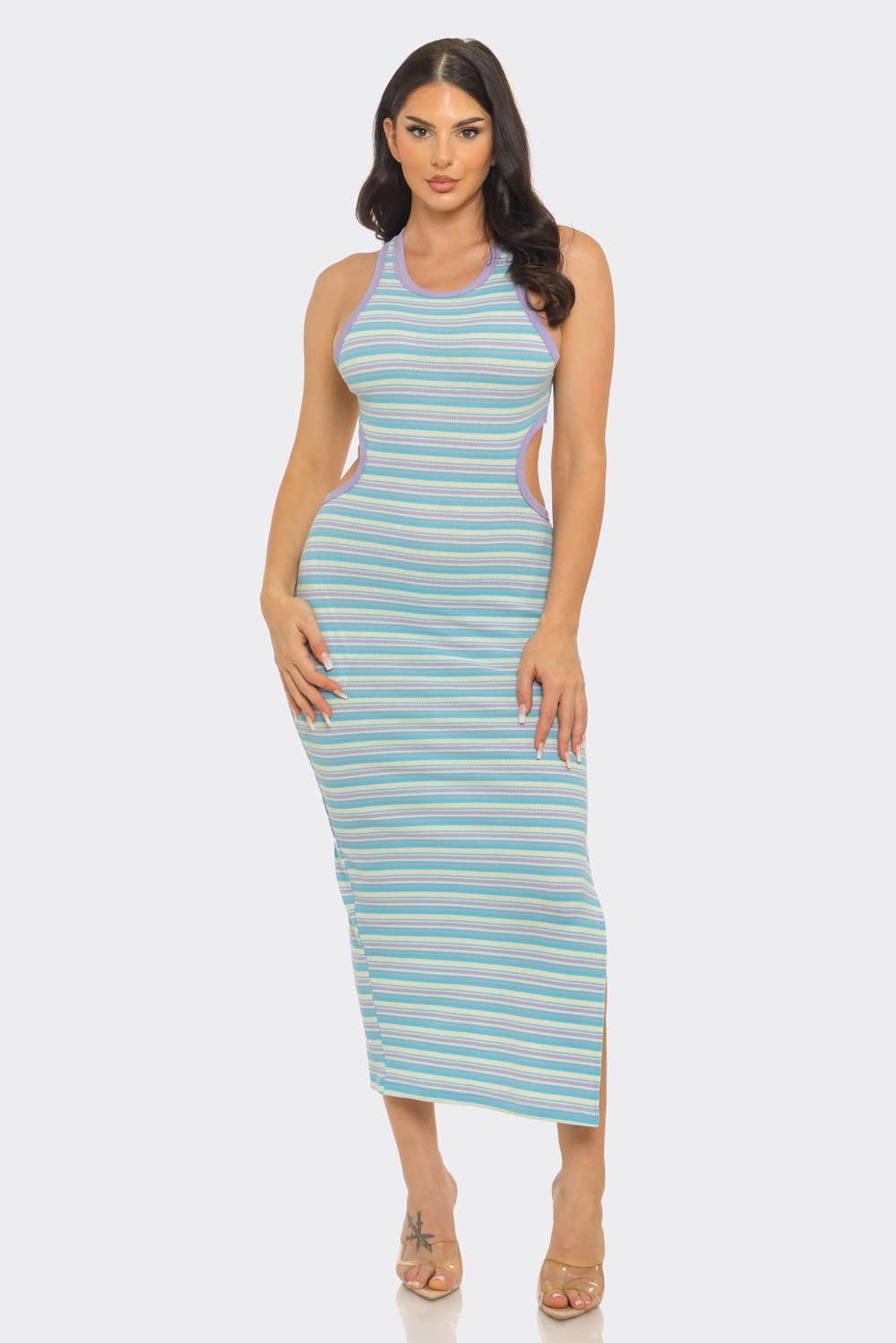 Stripe Open Back Cut Out Side Slit Detail Maxi Dress