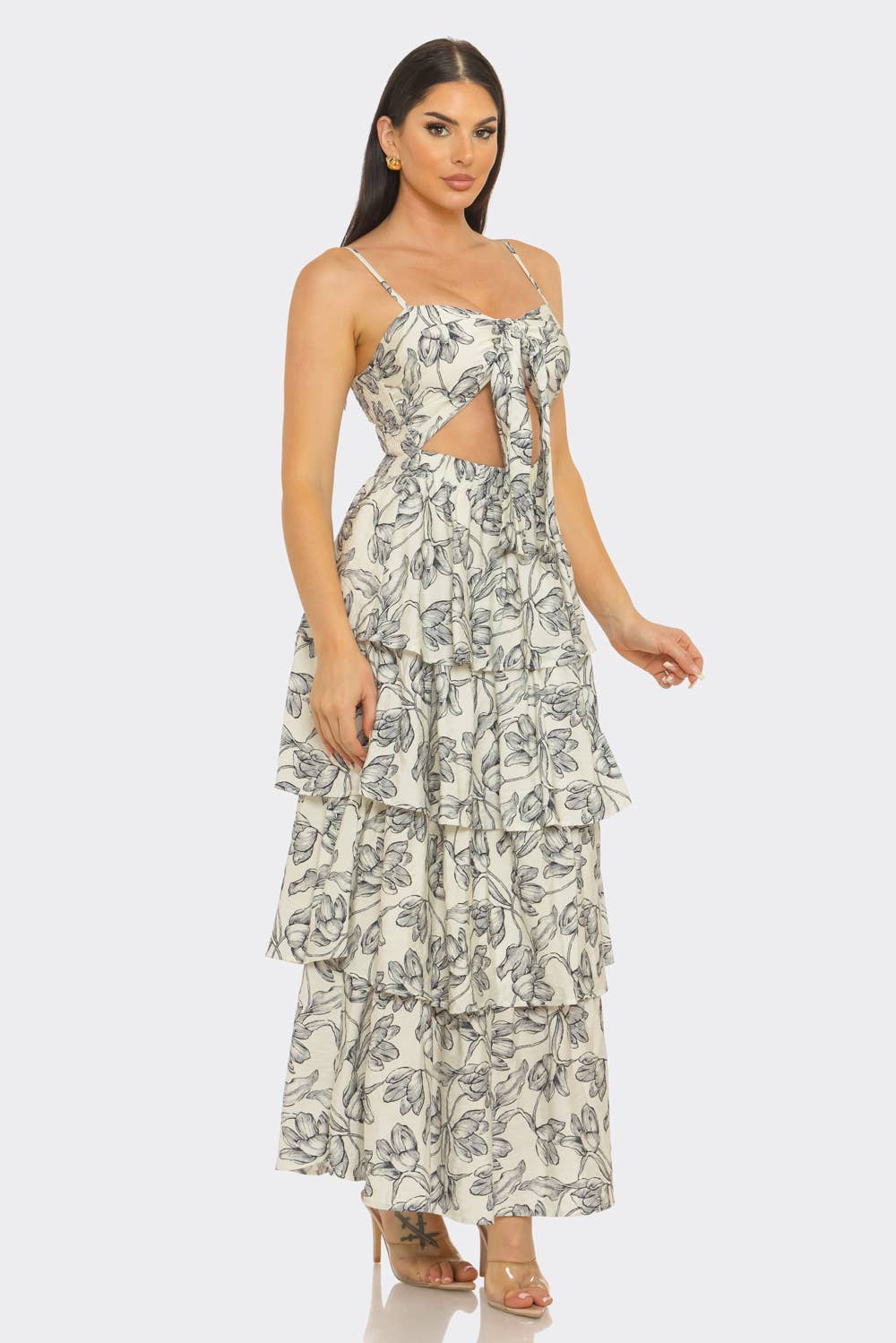 Floral Print Front Knot Tie Maxi Dress
