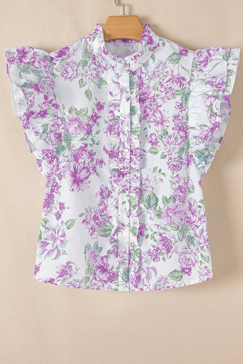 PRETTY BASH Floral Ruffle Sleeve Frilled Button-Up Shirt