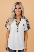 PRETTY BASH Leopard Patchwork Half Buttoned Short Sleeve Top