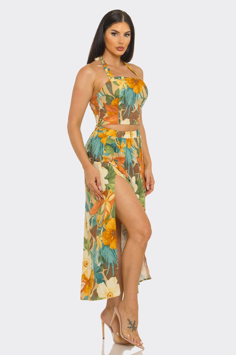 Linen Floral Print Halter Neck Smocked Crop Top Skirt Set
