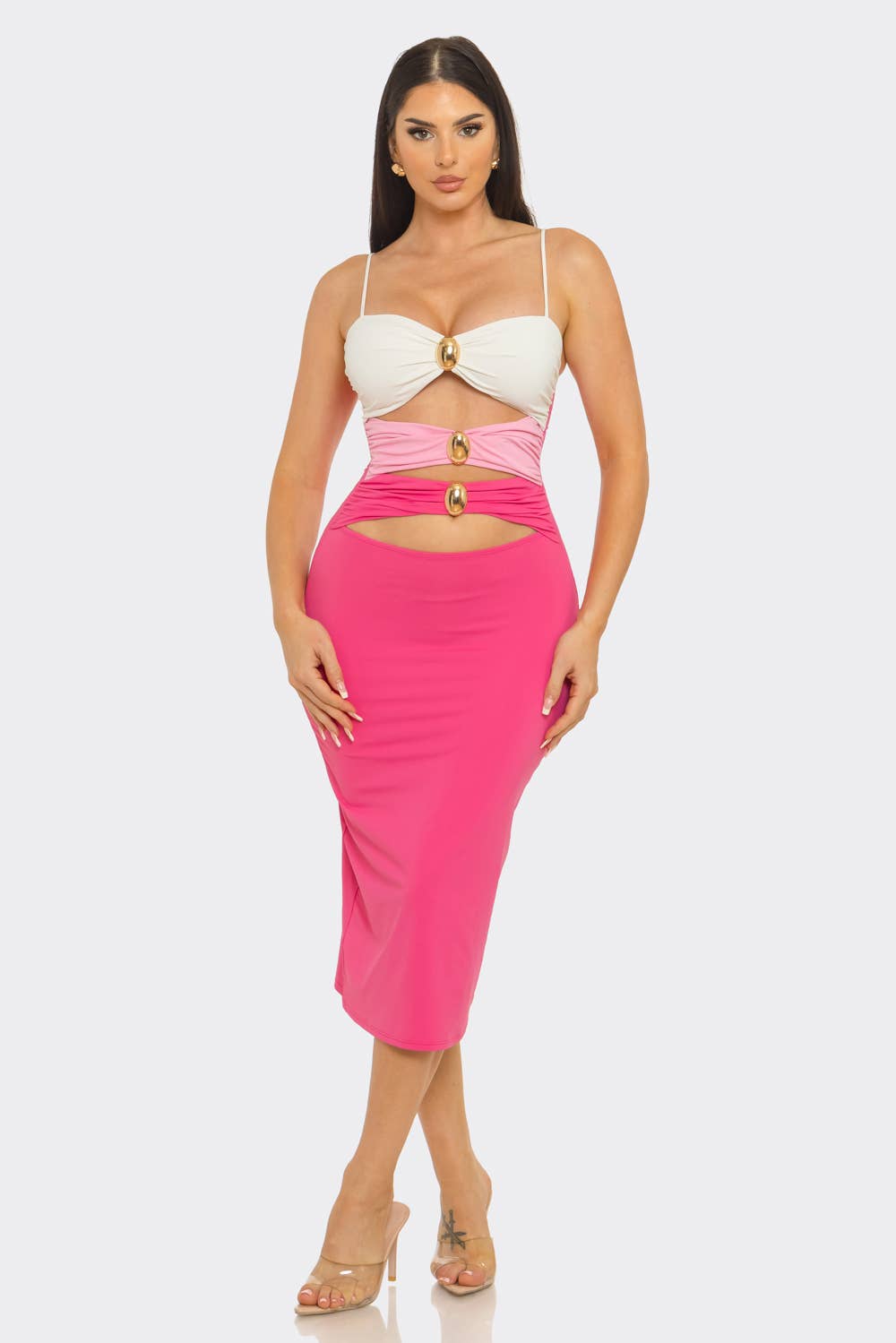 Color Block Shirring Jewel Trim Cut Out Midi Dress
