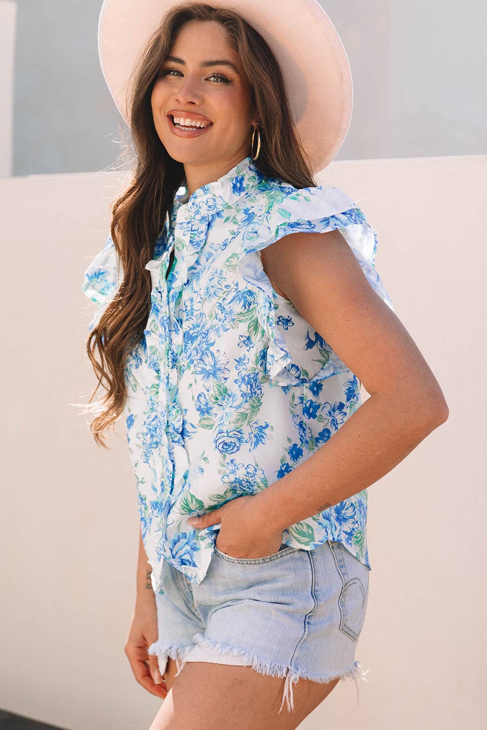 PRETTY BASH Floral Ruffle Sleeve Frilled Button-Up Shirt