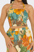 Linen Floral Print Halter Neck Smocked Crop Top Skirt Set