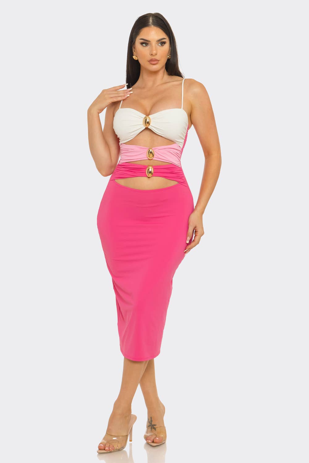 Color Block Shirring Jewel Trim Cut Out Midi Dress
