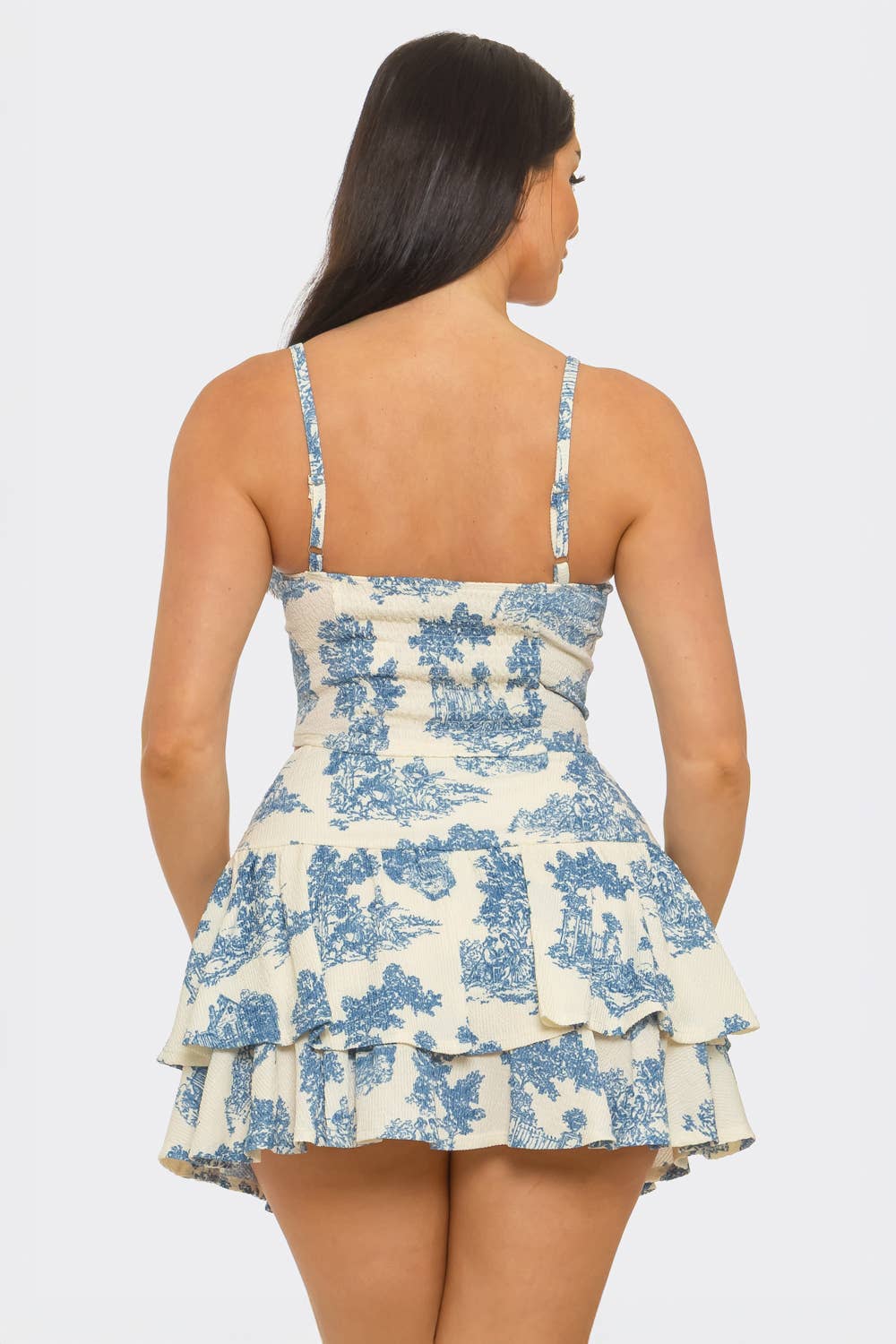 Toile Print Front Corset Style Top And Skirt Set