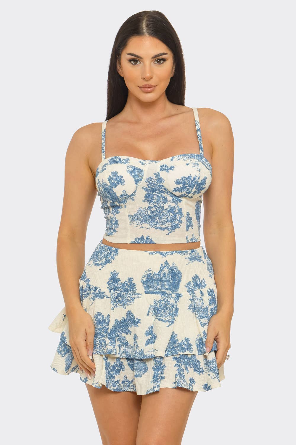 Toile Print Front Corset Style Top And Skirt Set