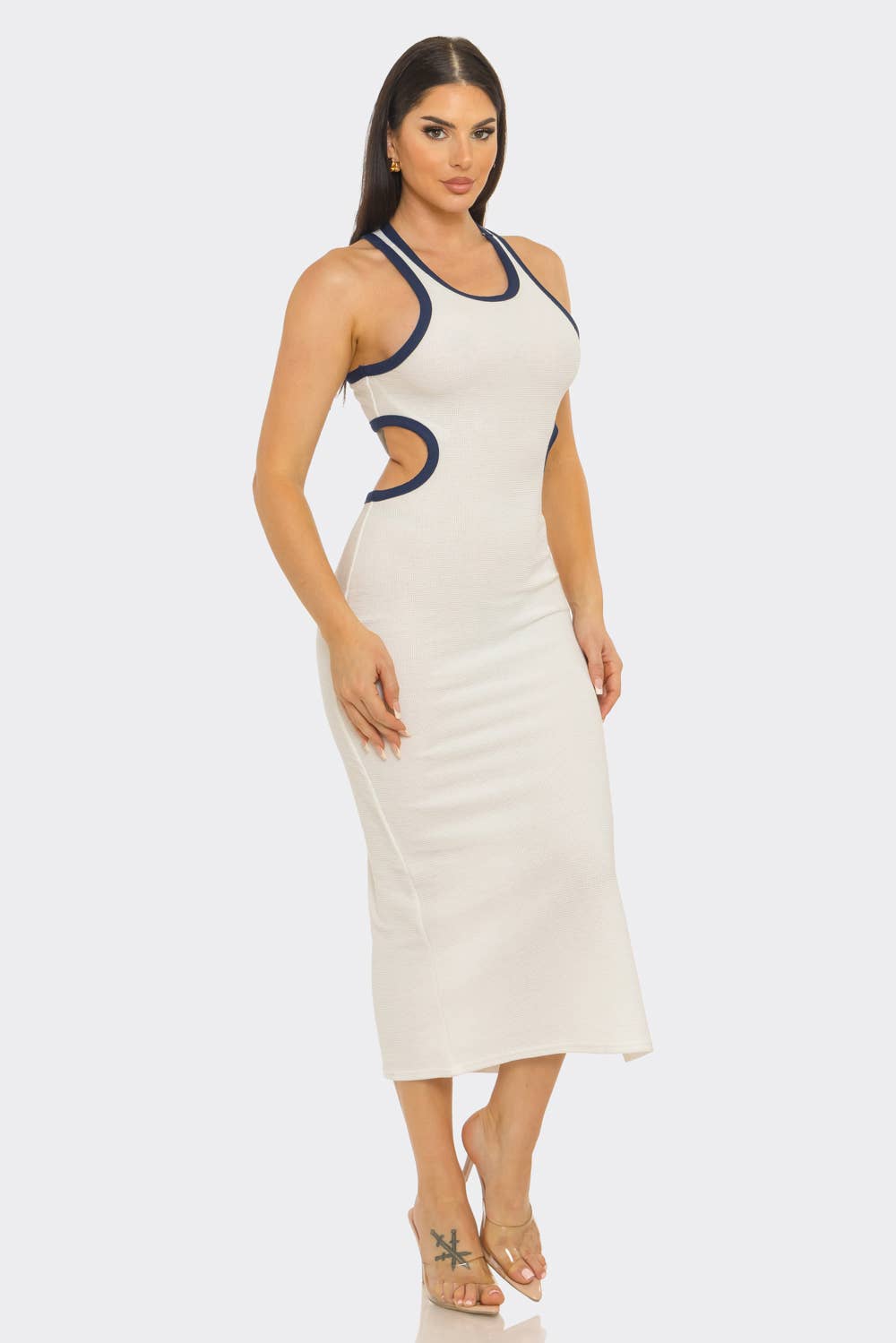 Round Neck Open Back Detail Side Slit Maxi Dress