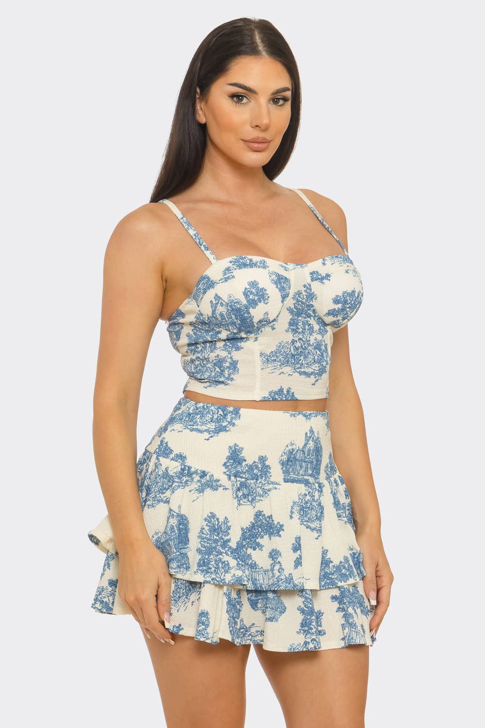 Toile Print Front Corset Style Top And Skirt Set