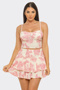Toile Print Front Corset Style Top And Skirt Set