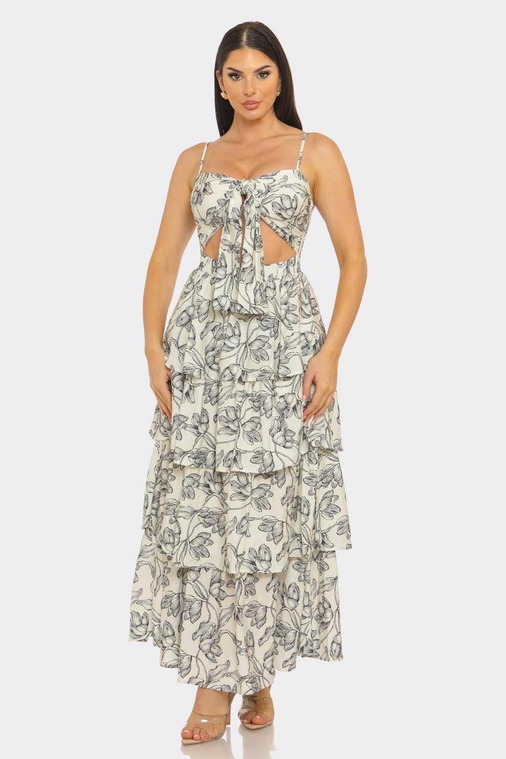 Floral Print Front Knot Tie Maxi Dress